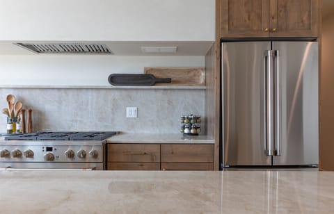 The kitchen has every thing to whip up a gourmet mieal