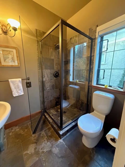 A gorgeous stand up shower with a relaxing rainfall showerhead. Bye bye stress!