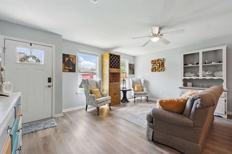 Curl up in the airy living room & stream your favorites on the smart TV