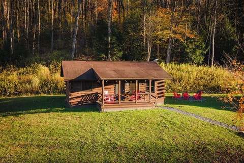 Private log cabin with porch seating and a fire pit out back — everything you need for a cozy mountain escape.