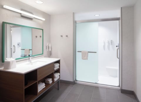 Hair dryer, towels, soap, shampoo