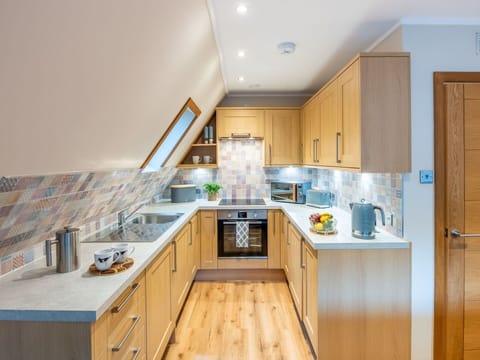 Interior Design, Flooring, Kitchen, Wood, Furniture, Countertop, Ceiling, Floor, Cabinetry, Kitchen Appliance