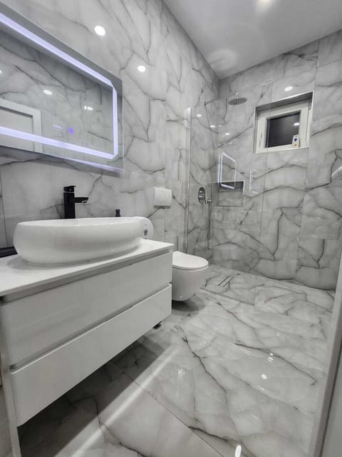 Shower, hydromassage showerhead, designer toiletries, hair dryer