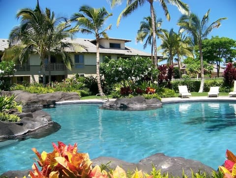 Lounge in paradise by this serene lagoon pool surrounded by beautiful gardens and swaying palms.
