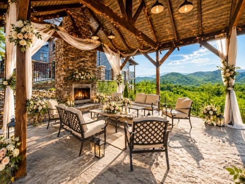 The cabin features an outdoor pavilion, with panoramic mountain view, perfect for a small wedding or event. Disclaimer: the decorations are for display only.