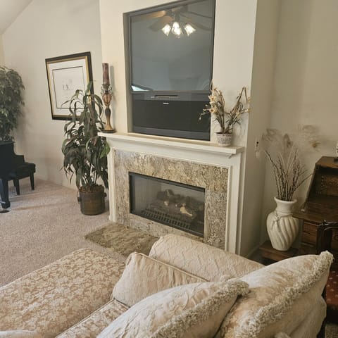 Fireplace and lounge.