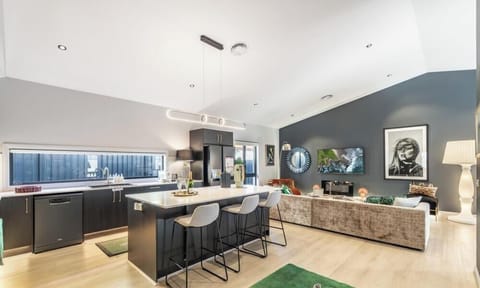 spacious, modern open-concept living area with sleek cabinetry and high ceilings.