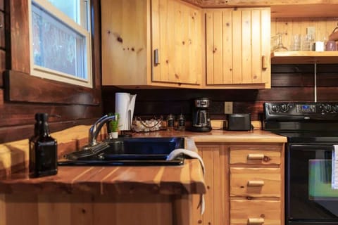 Rustic kitchen corner with natural wood cabinetry and dark wood walls, featuring a black sink, modern stove, and cozy atmosphere ✨