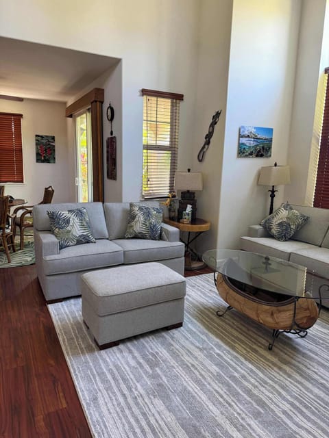 Cozy front room with queen sleeper sofa.