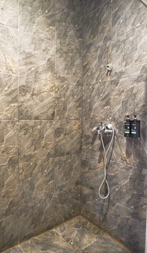 Shower, hydromassage showerhead, free toiletries, hair dryer