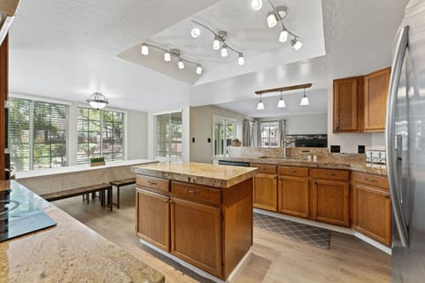 Whip up pancakes or midnight snacks in this sunny, fully stocked kitchen.