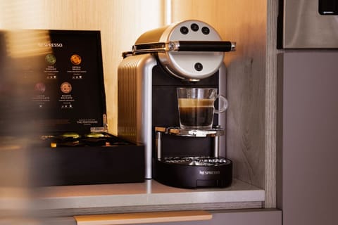 Help yourself to Nespresso Coffee.  Guest can select from 5 flavours of espressos.  These selection box includes a voice of Origins, organic options, decaf and flavoured coffee pod.  Which is your favourite?