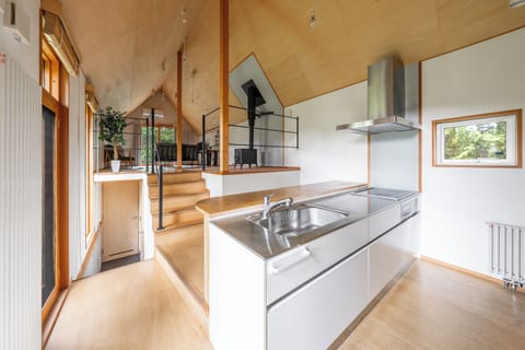 Full-size fridge, microwave, stovetop, electric kettle