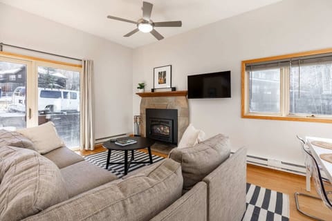Bright and cozy living room with wood-burning fireplace, smart TV, and end-unit windows