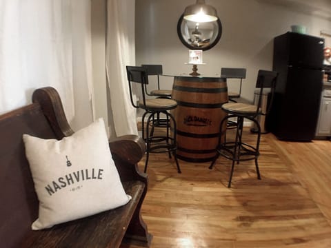 Whiskey Barrel table with barstools - work & eat!