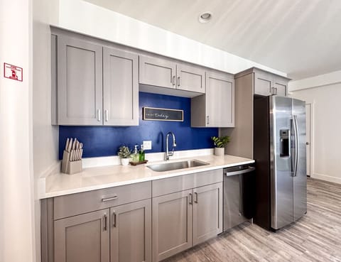 Bright and modern kitchen with bold blue accent, sleek cabinets, and stainless-steel appliances.