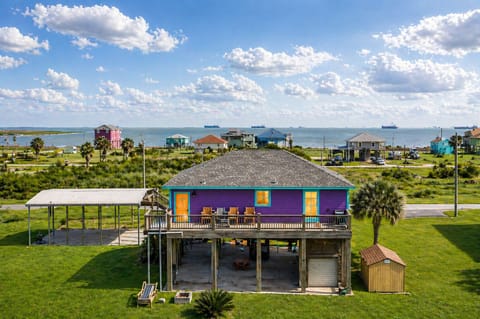 Aerial-style exterior view showing elevated beach home, surrounding neighborhood, and proximity to the coastline.