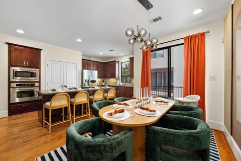 Dining area with eclectic plush seating