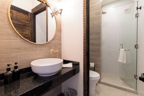 Shower, free toiletries, towels, soap