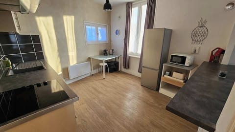 Cuisine semi ouverte sur le salon, équipée avec plaques de cuisson, four machine à café, réfrigérateur avec congélateur, bouilloire, grille-pain et micro-ondes.