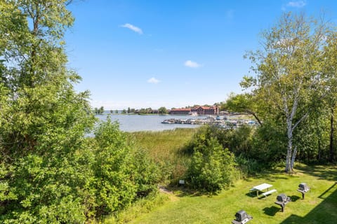 Scenic view of the lake framed by trees and greenery.