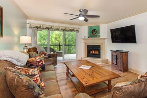 Cs Creekside Condo's cozy living area w/ fireplace