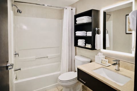 Combined shower/tub, free toiletries, hair dryer, towels