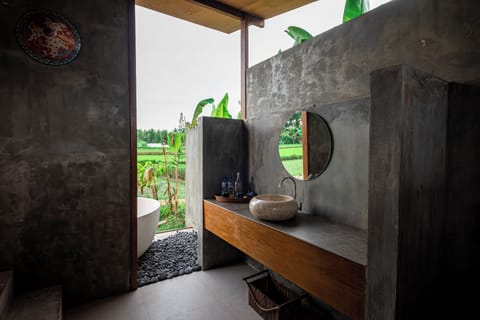 Deluxe Double Room, Valley View | Bathroom | Separate tub and shower, rainfall showerhead, designer toiletries