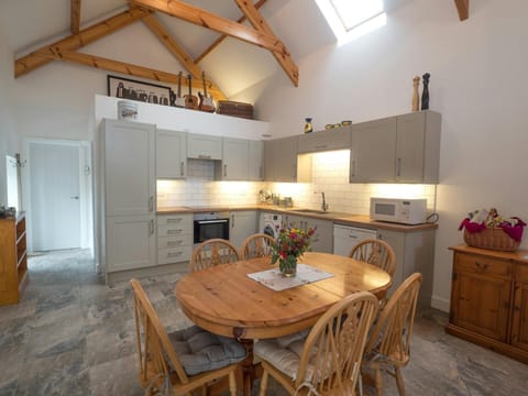 Kitchen and dining table and chairs and cabinets against the wall