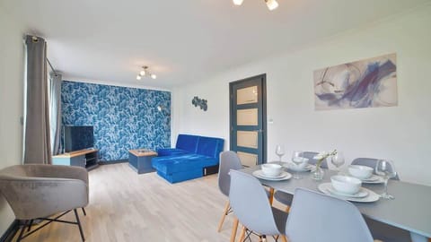 Modern and stylish living room with a bold blue accent wall, cozy sofa bed, and plenty of natural light—perfect for relaxing or entertaining.
