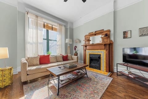 Welcome to our 2 bedroom home! Pictured here is our cozy living area. With a Smart TV and books to read or relax.