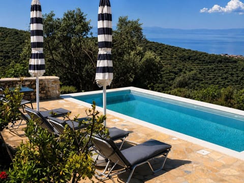 During the day, the pool sits within a green garden setting, with open space around it that makes it easy to move, relax, and spend time outdoors.