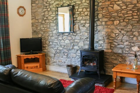 Living room with log burner, tv, sofa, side table and wall mirror