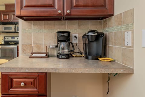 Fully equipped with coffee maker and Keurig for your perfect morning brew!