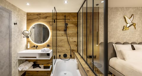 Eco-friendly toiletries, hair dryer, towels, soap