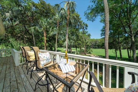 Outdoor seating overlooks the golf course.