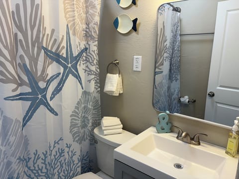 Full bathroom with hair dryer, shampoo, conditioner, body wash and towels 