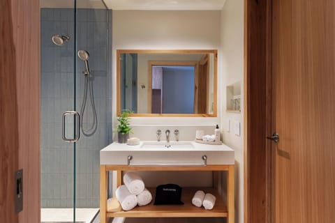 Hair dryer, slippers, towels, soap