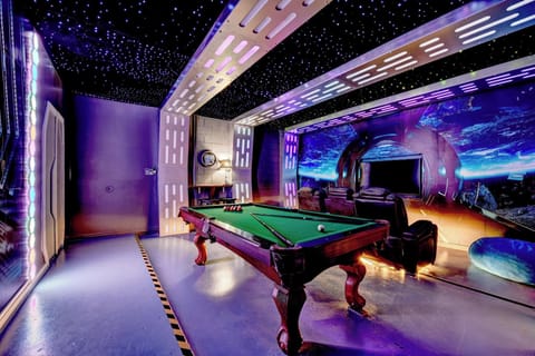 GAME ROOM:  Star Wars Themed with Flat Screen TV, Pool Table, Video Game System, Arcade Console, Theater Seating and A/C