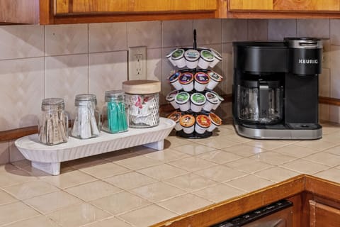 Coffee station. The Keurig pods I`ll leave you will have some tea, some coffee, and some hot chocolate to get you started. Creamers and sweeteners also.