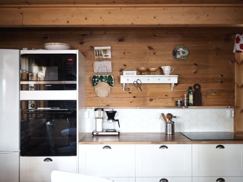 Downstairs there is a living room with a kitchen
