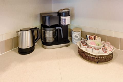 Fully stocked coffee bar with both drip and K-cup options