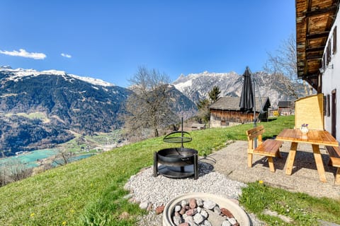 Terrace with barbecue at Chalet Zimbablick in Bartholomäberg in Montafon.