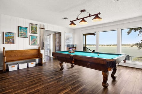 Game room with stunning lake views