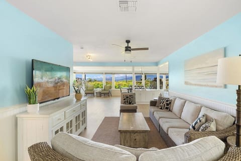 A cozy yet bright living room with a sleeper sofa and TV, ideal for relaxation
