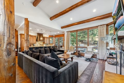 Living room: Main floor, wood-burning fireplace, Smart TV, Sonos speaker, deck access