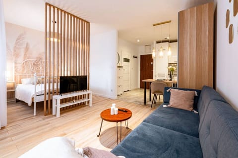 Living Area with Sofa Bed, Smart TV and Dining Table | Book Now with RENTUJEMY.COM