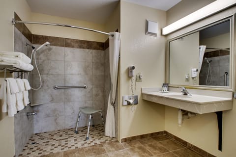 Combined shower/tub, free toiletries, hair dryer, towels