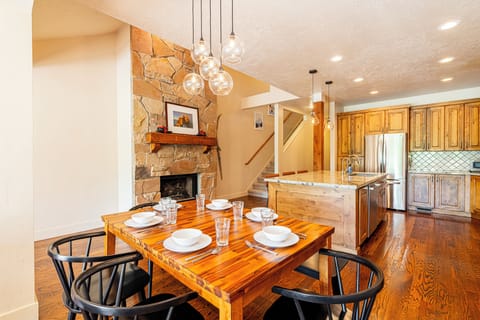 Wood flooring and a gas fireplace