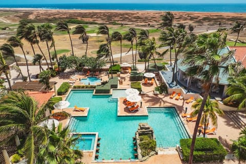 Lush tropical resort with palm trees, tiered pools, loungers, and ocean view in the distance.